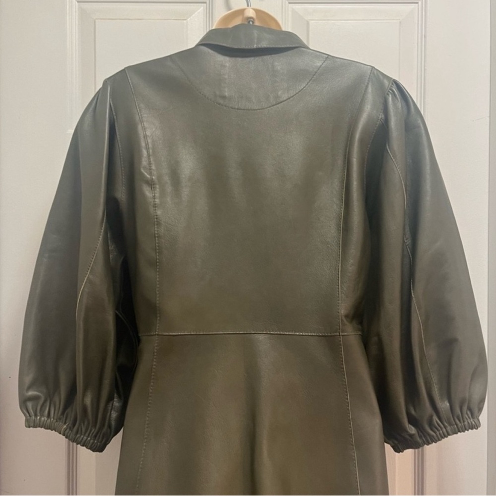 GANNI Leather Olive Green Meranti Puffed
Sleeve Dress Goddess - Size 38 EU/ 8 US - Picture 9 of 14